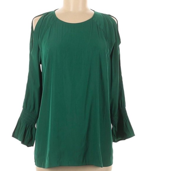 NWT J.Jill Silky Open-Shoulder Meadow Green Smocked Sleeve Blouse XLP - Picture 2 of 12